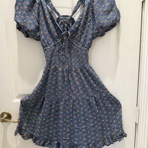 WISHLIST Floral Minidress Floral Blue, Puff Sleeve Medium